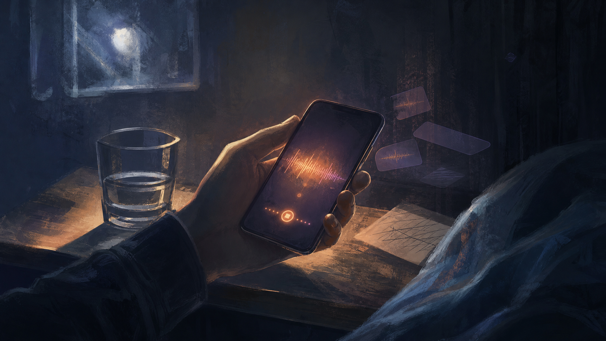 Eine Hand hält ein Smartphone über einem Nachttisch, als Symbol für ungesendete Sprachnachrichten.
