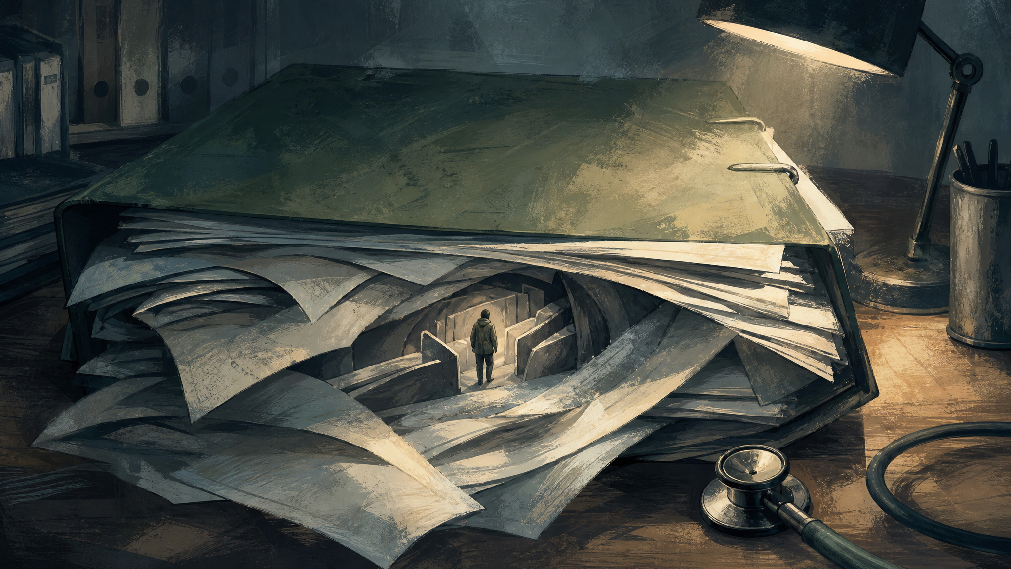 Symbolische Illustration einer anwachsenden Patientenakte als Papierlabyrinth.