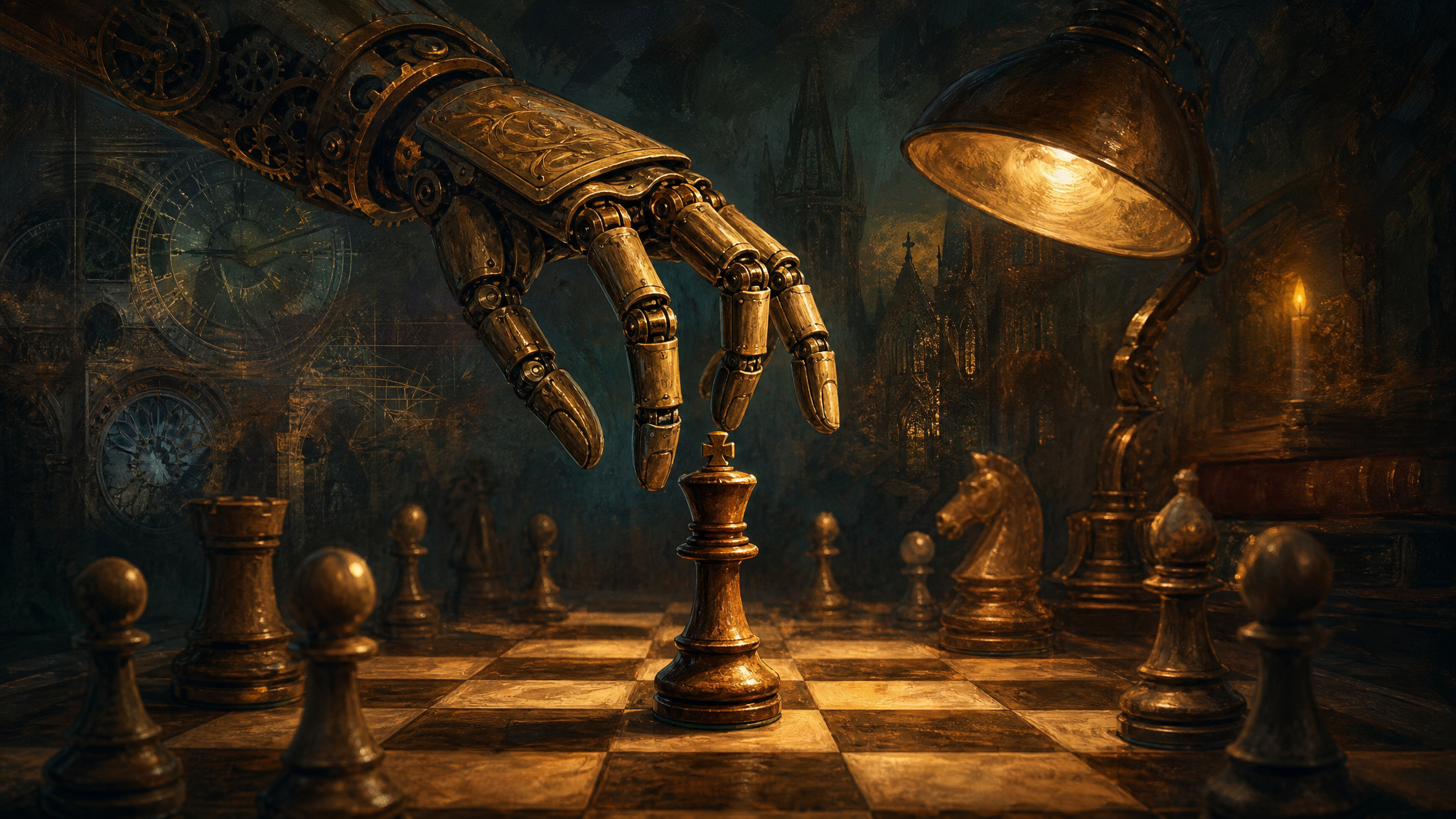 Illustration eines Schachbretts mit mechanischer Messinghand und Uhrwerkschatten.