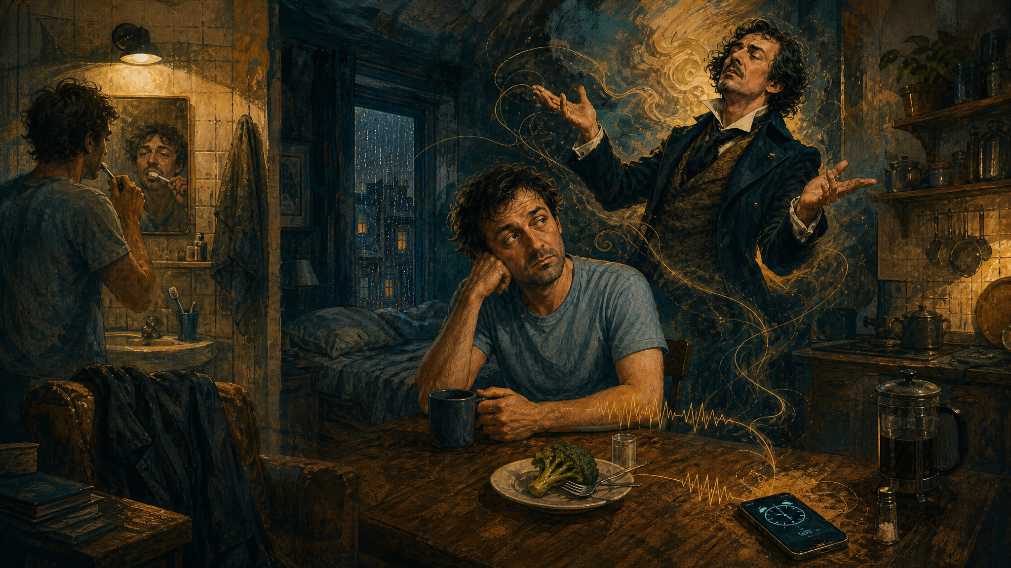 Symbolische Illustration der Alltagsräume aus dem Hörspiel: Bett, Bad und Küche werden zur Bühne eines Streits um Deutung.