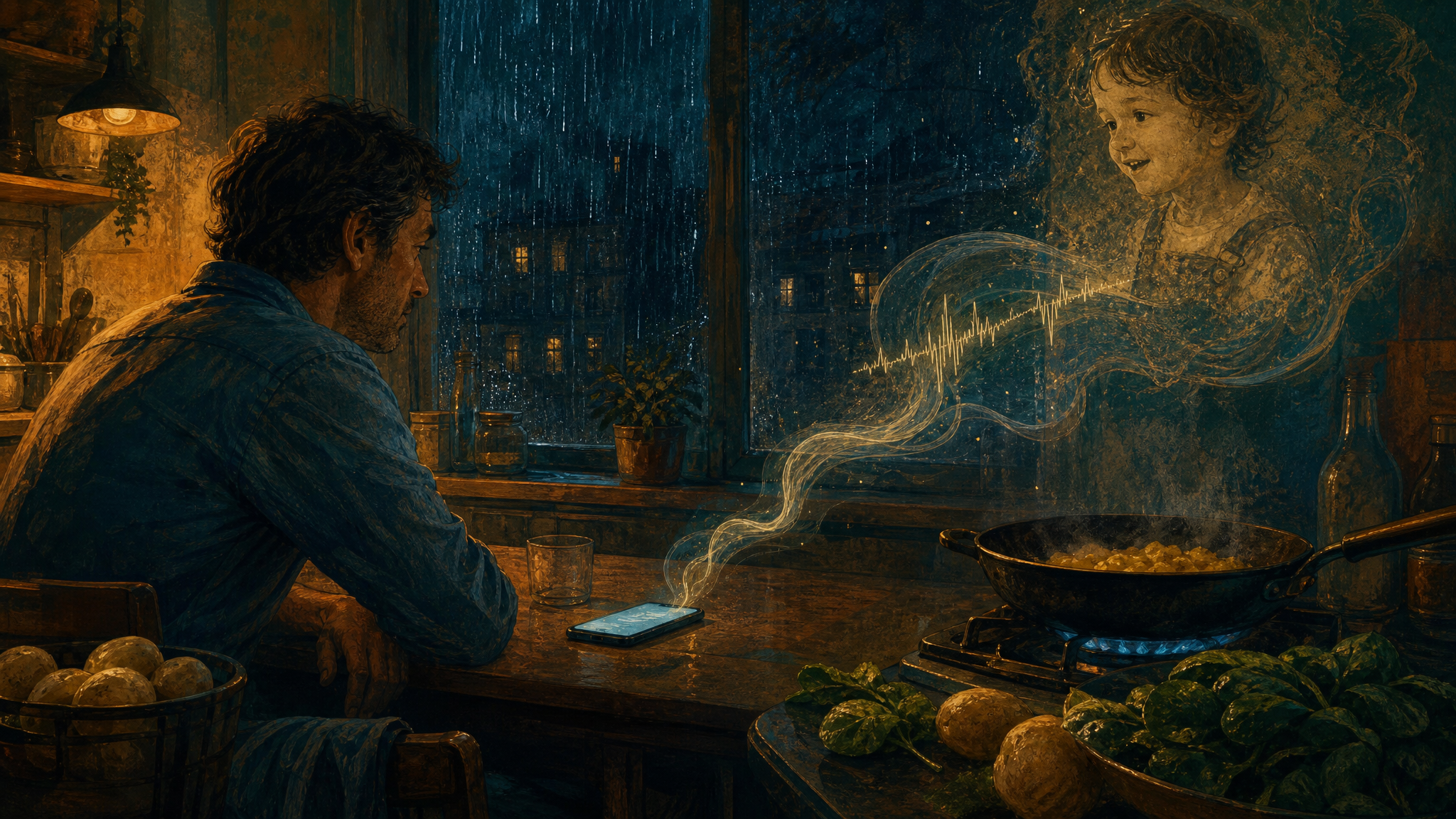 Illustration der Abendküche: Regen am Fenster, ein leuchtendes Telefon und ein Vater, der einer Nachricht seiner Tochter zuhört.