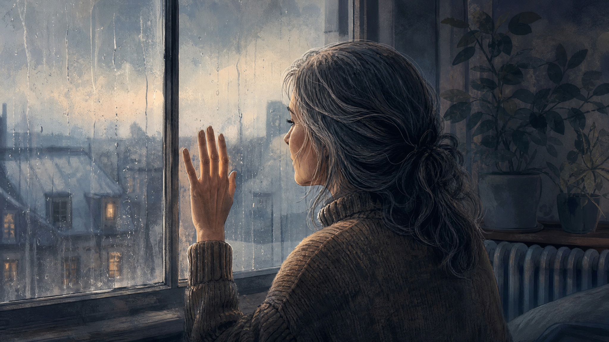 Eine Hand liegt an einer regennassen Fensterscheibe