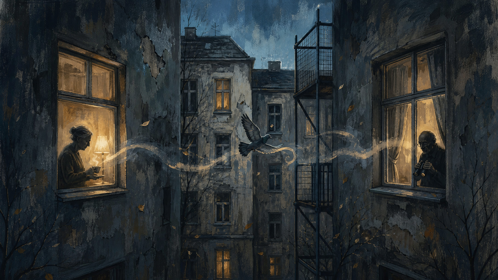 Ein enger Berliner Innenhof mit leeren Fenstern, Tauben und zwei warmen Lichtpunkten.