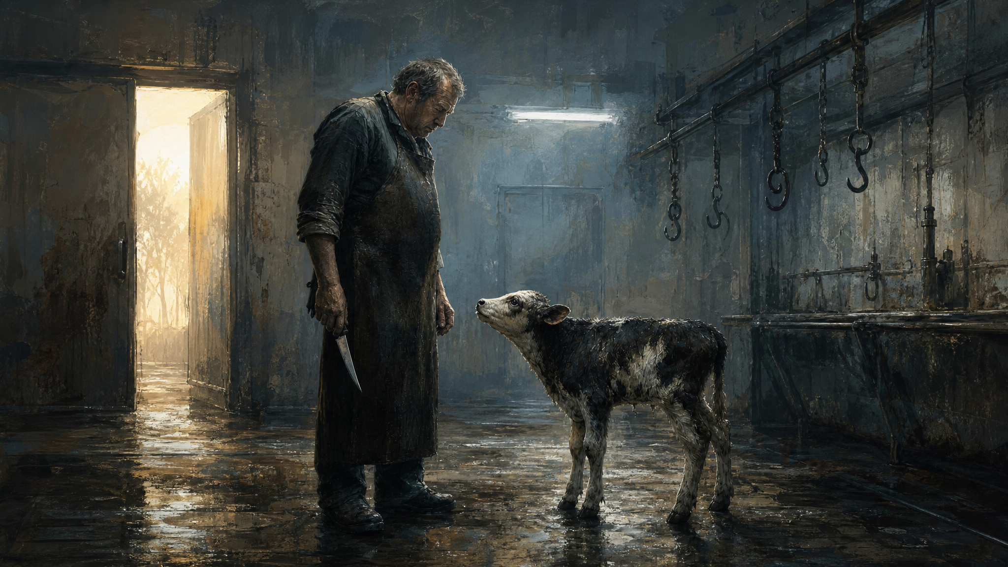 Illustration eines alten Schlachters und eines Kalbs in einem kalten Schlachtraum auf Augenhöhe.