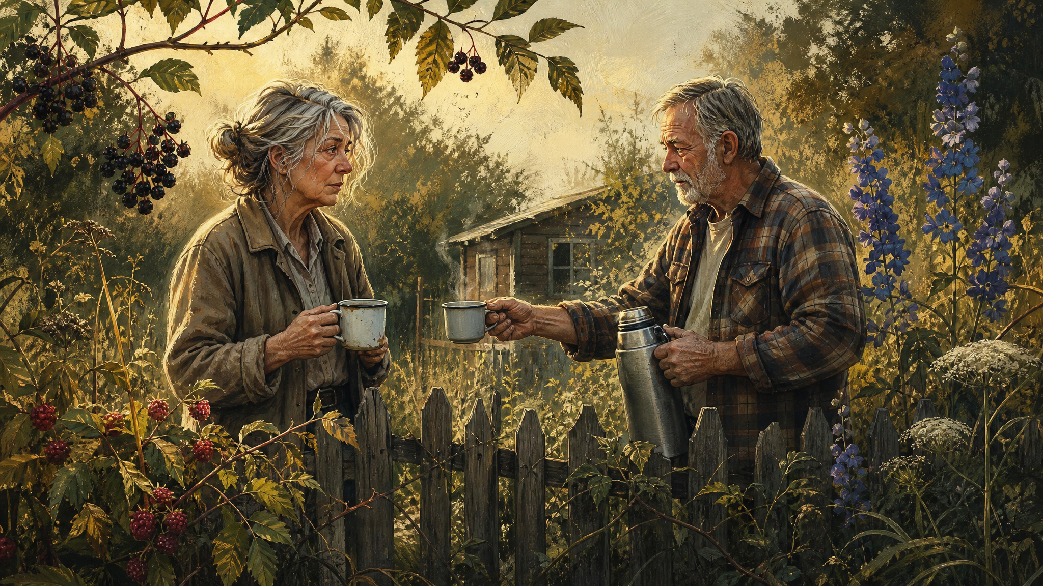 Margret und Horst stehen mit Kaffee am Gartenzaun zwischen dichten Stauden.
