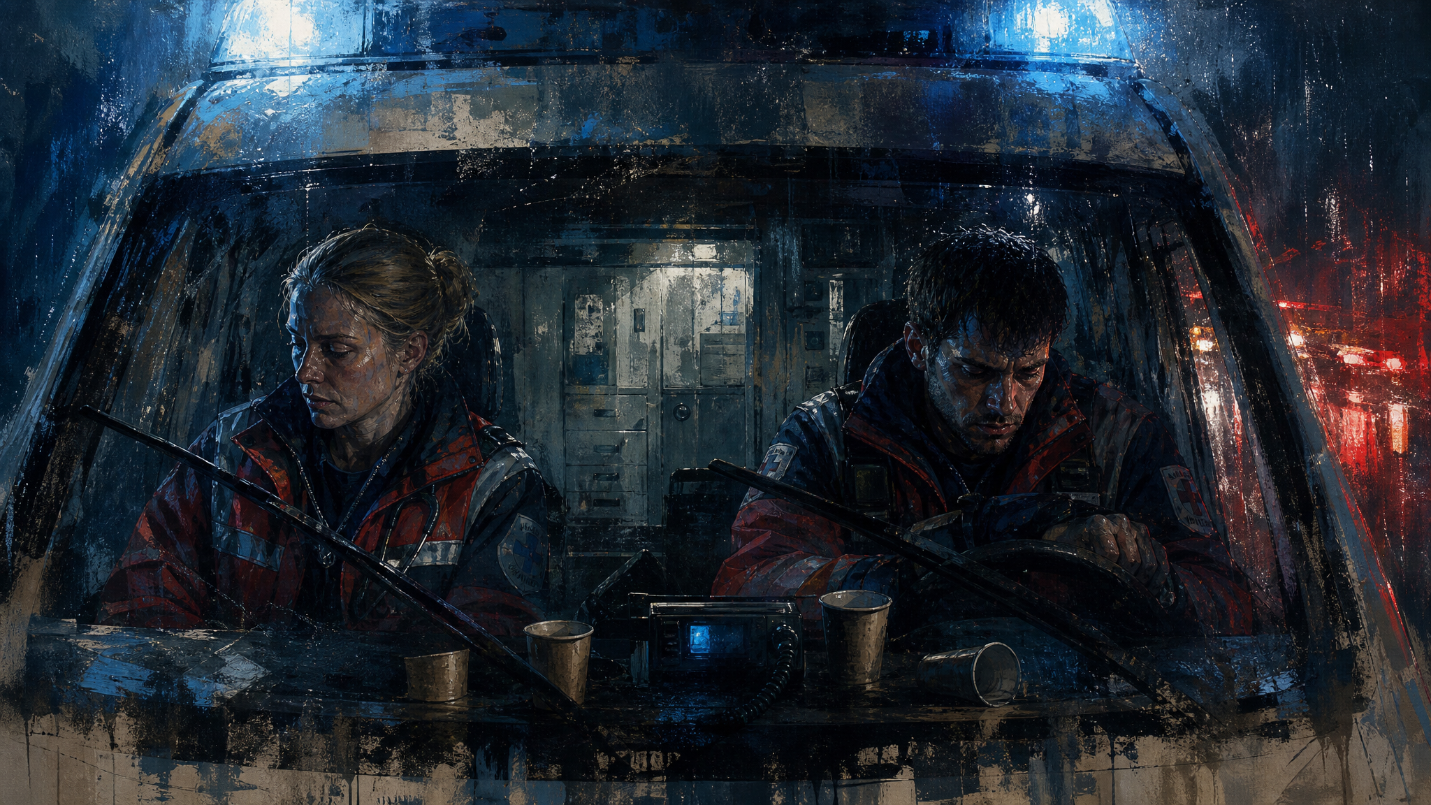 Illustration des engen Innenraums eines Rettungswagens als Kammerspielraum.