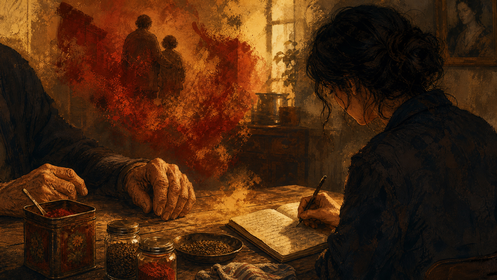 Illustration von Marlene, die Istváns Rezept in einer alten Küche aufschreibt.