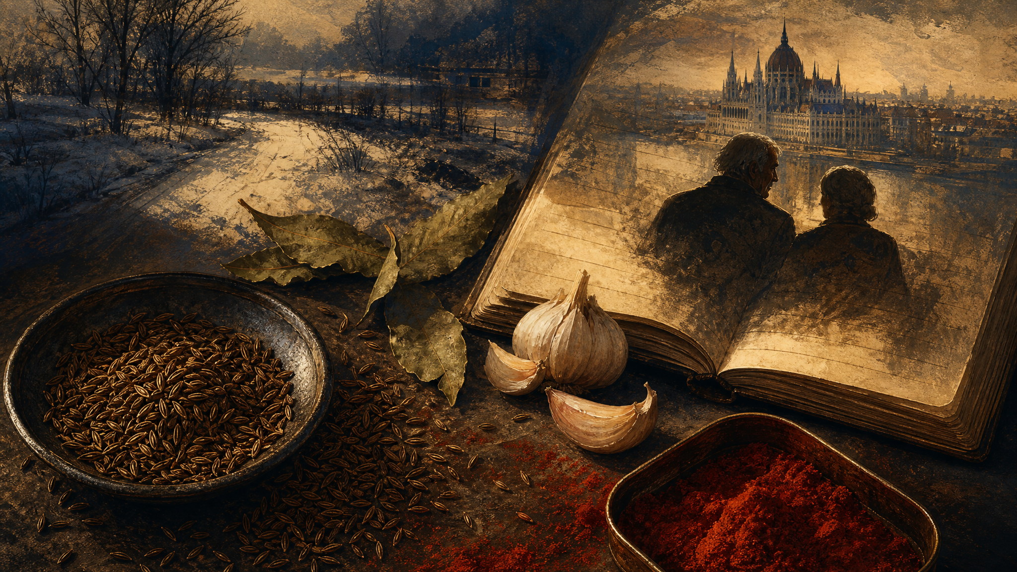 Illustration von Kümmel, Paprika und einem Rezeptheft als Sinnbild für Erinnerung, Flucht und Liebe.