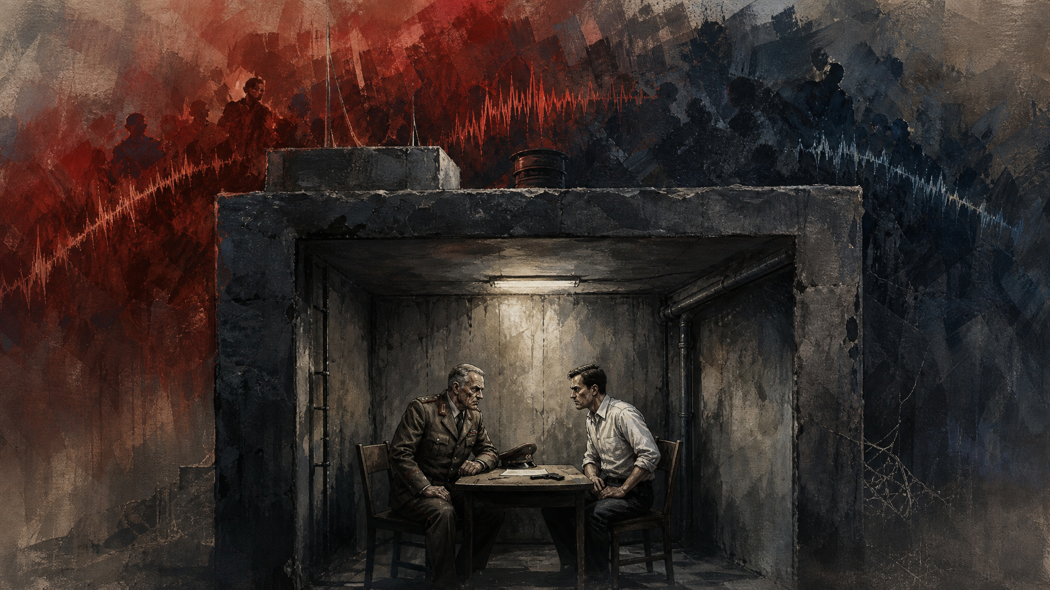 Symbolische Illustration des Bunkers, dessen Betonwände den Druck der Proteste nur als dumpfen Puls durchlassen.