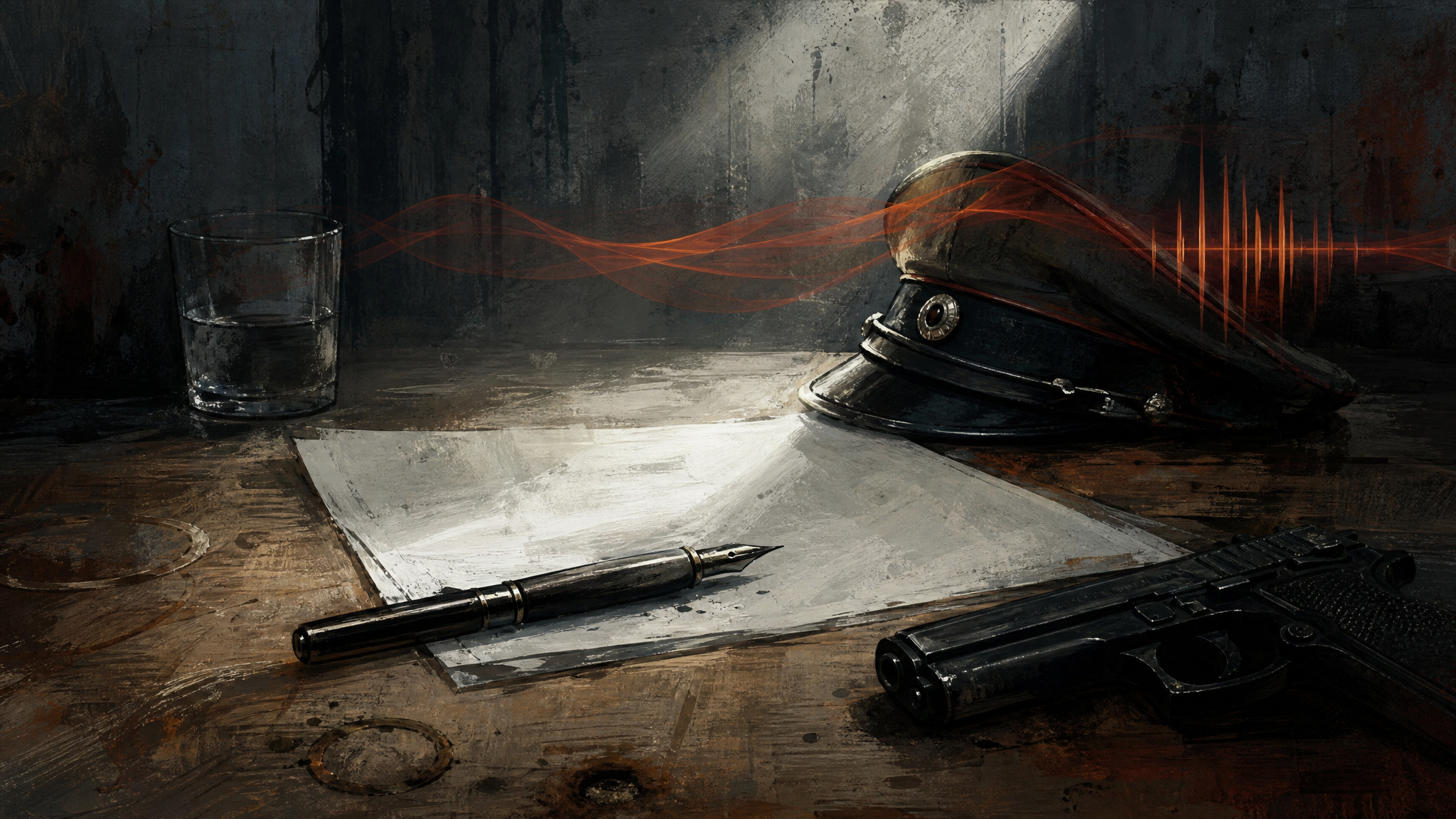 Illustration von Füller, Papier und Waffe auf einem alten Tisch als Sinnbild für Recht, Macht und Entscheidung.