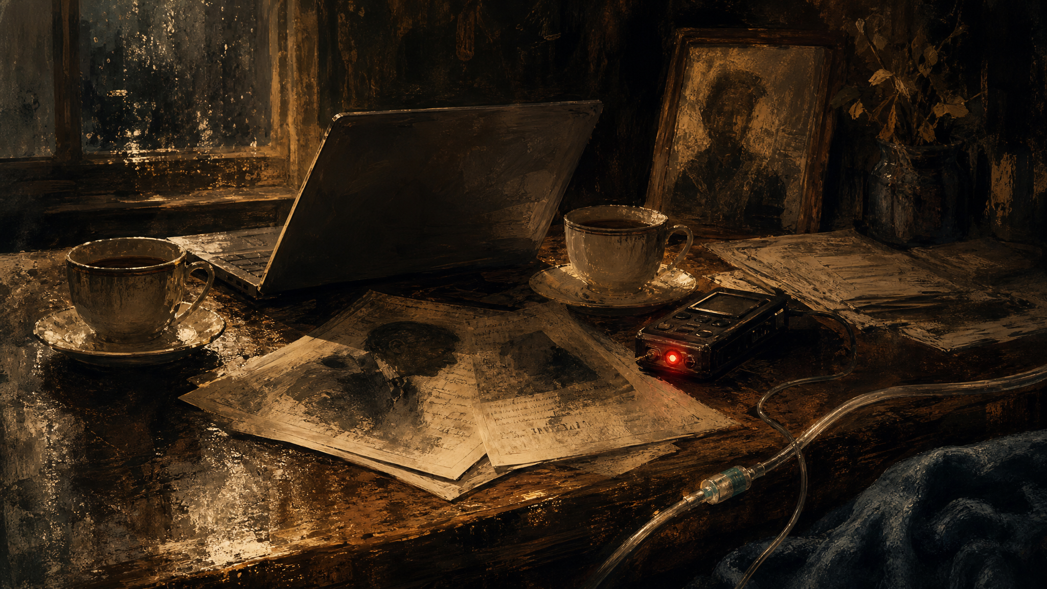 Ein Küchentisch mit Laptop, Aufnahmegerät und Nachrufseiten, während im Hintergrund das Sterbezimmer spürbar bleibt.