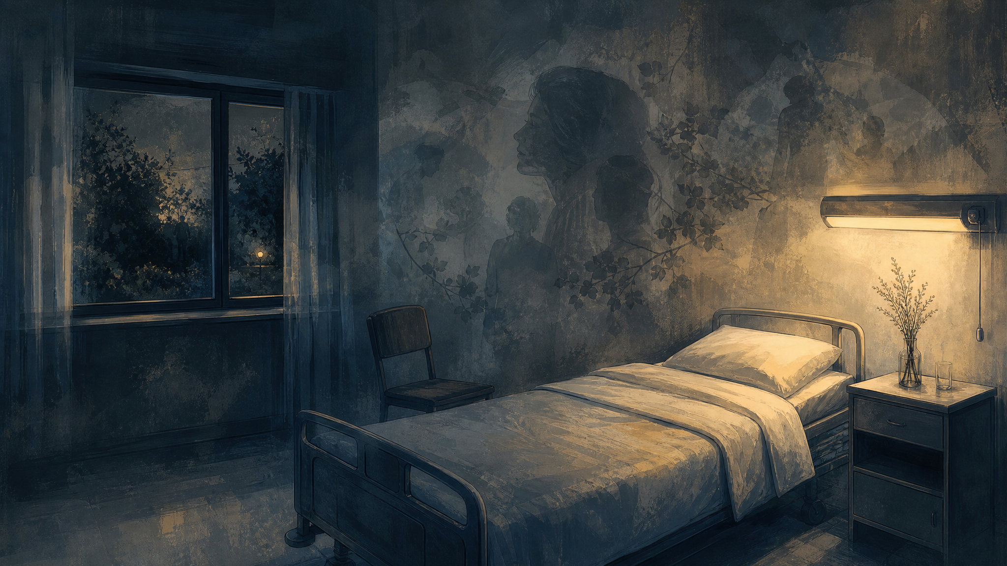 Illustration eines leeren Hospizzimmers mit frisch bezogenem Bett und spürbarer Erinnerung im Raum.