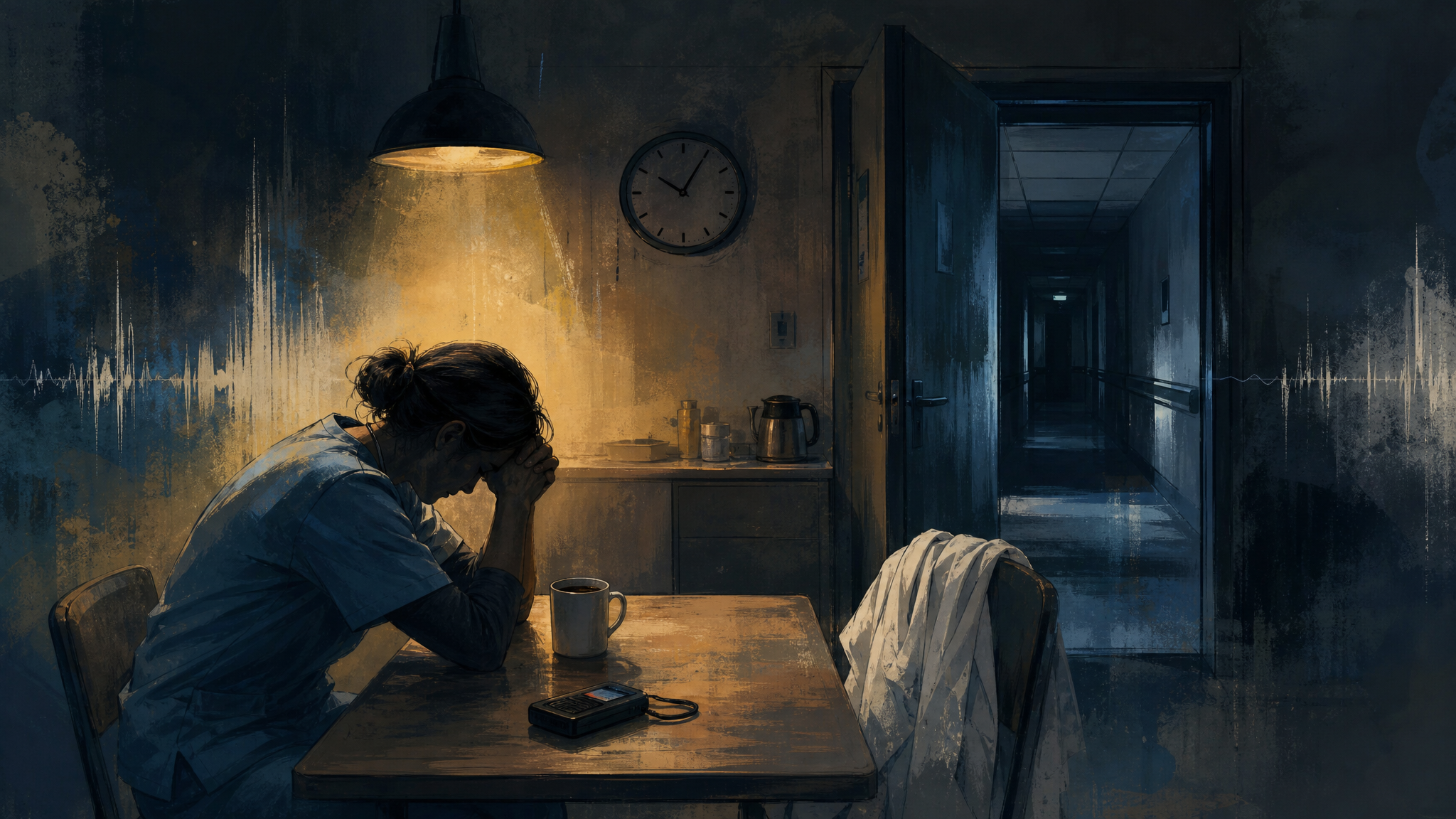 Illustration eines nächtlichen Aufenthaltsraums mit kaltem Kaffee, Uhr und Diktiergerät.